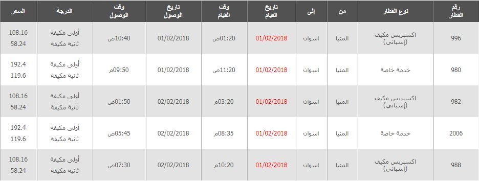 مواعيد واسعار قطارات المنيا الى اسوان