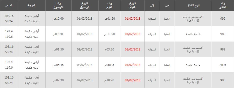 مواعيد واسعار قطارات المنيا الى اسوان 