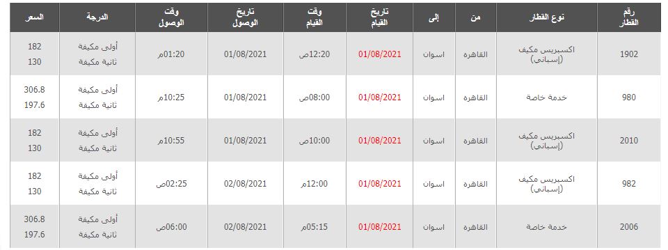 مواعيد قطار النوم والعادية القاهرة اسوان 