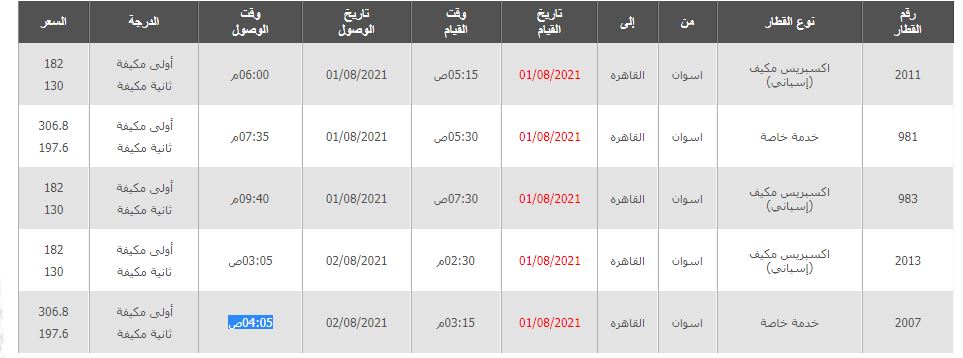 مواعيد قطار النوم والعادية أسوان القاهرة واسعار التذاكر