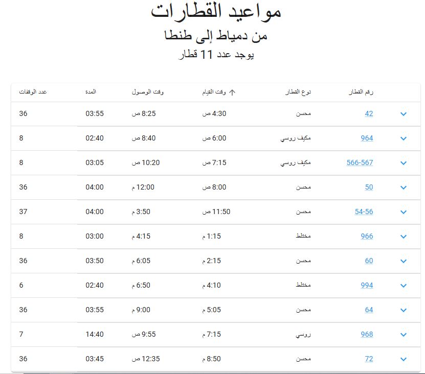 مواعيد قطارات دمياط طنطا